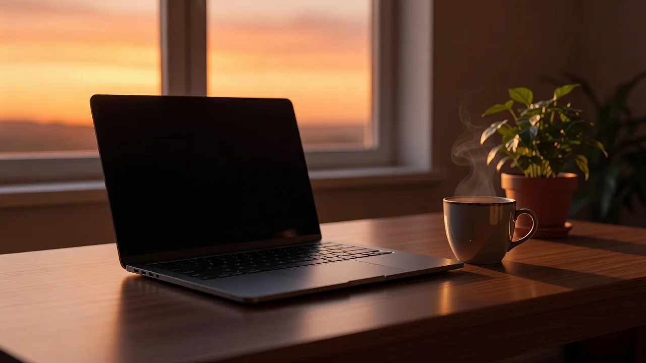 Kraj radnog dana — zatvoren laptop i zalazak sunca